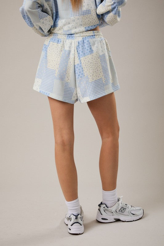 PATCHWORK PRINT SWEATSHORTS